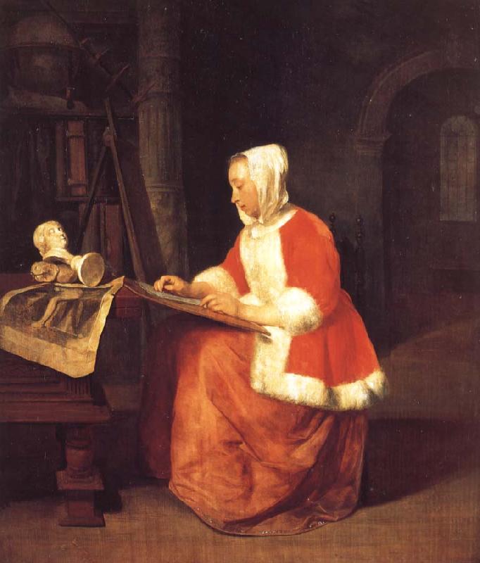 Gabriel Metsu A Young Woman Seated Drawing oil painting image
